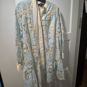 Floral Summer Lace Mini Dress - Cream and Blue